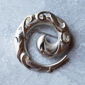 Vintage 1980s Silver Spiral Swirl Brooch with Crystal Accents